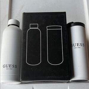 GUESS Black and White CoffeE Travel Cup and Insulated Water Bottle Duo Gift Set